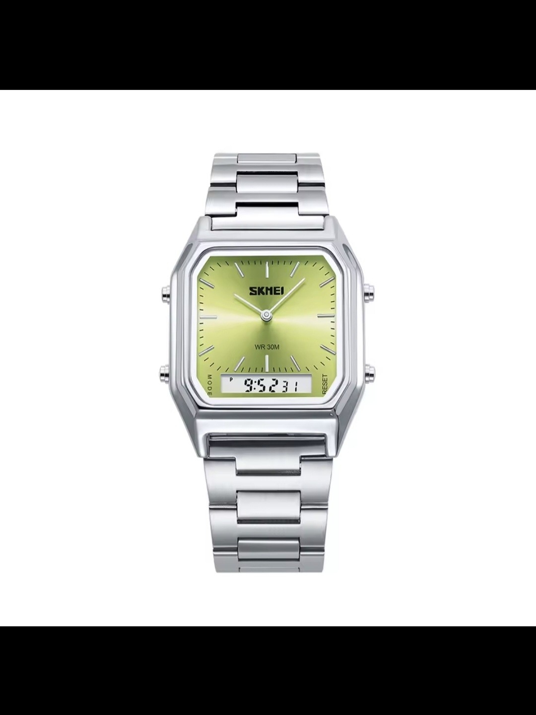 Skmei Silver Watch With Green Dial  Mens Hybrid Timepiece